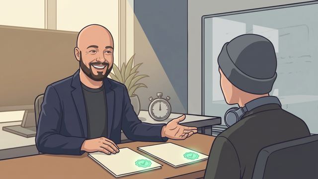 Иван и герой за столом, перед героем два оффера